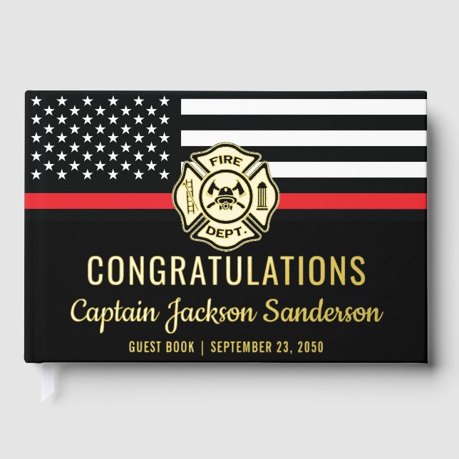 Firefighter Retirement Party Red Line Flag Fireman Guest Book (Front)
