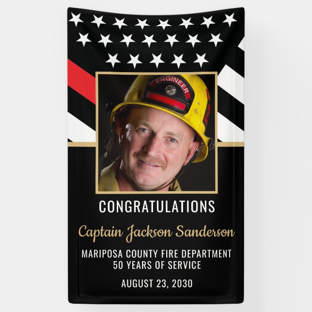 Firefighter Retirement Party Red Line Flag Photo Banner (Vertical)