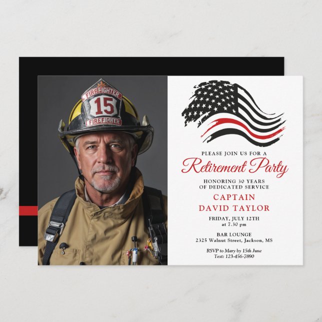 Firefighter Retirement Party Thin Red Line Photo Invitation (Front/Back)