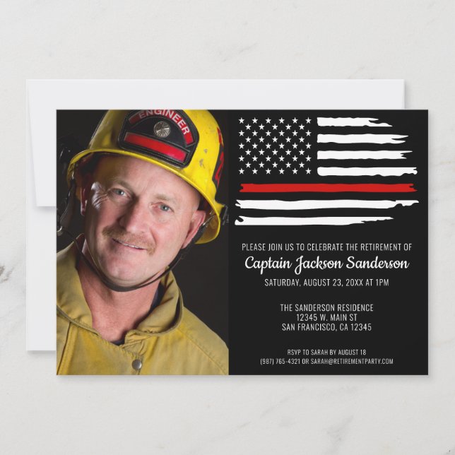 Firefighter Retirement Party Thin Red Line Photo Invitation (Front)