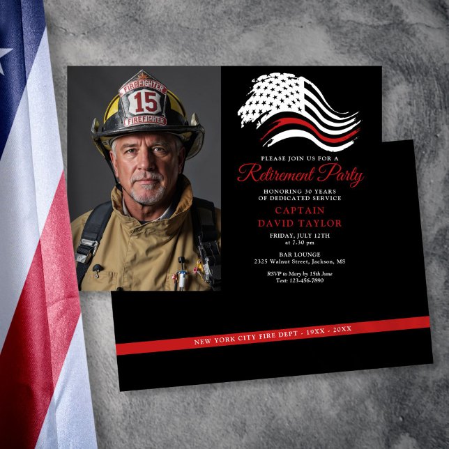 Firefighter Retirement Party Thin Red Line Photo Invitation (Firefighter Retirement Party Thin Red Line Photo Invitation)