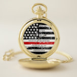 Firefighter Retirement Personalised Thin Red Line Pocket Watch<br><div class="desc">Celebrate and show your appreciation to an outstanding Firefighter with this Thin Red Line Firefighter Retirement Watch - American flag design in Firefighter Flag colours, distressed design . Perfect for service awards, fireman anniversary gifts, and firefighter retirement gifts . Personalise this firefighter retirement watch with name, years of service and...</div>