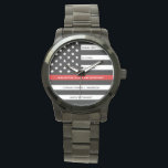 Firefighter Retirement Personalised Thin Red Line Watch<br><div class="desc">Celebrate and show your appreciation to an outstanding Firefighter with this Thin Red Line Retirement or Anniversary Firefighter Watch - American flag design in Firefighter Flag colours in a modern black an red design . Perfect for fire service awards and Firefighter Retirement gifts and fireman retirement. Personalise this firefighters retirement...</div>