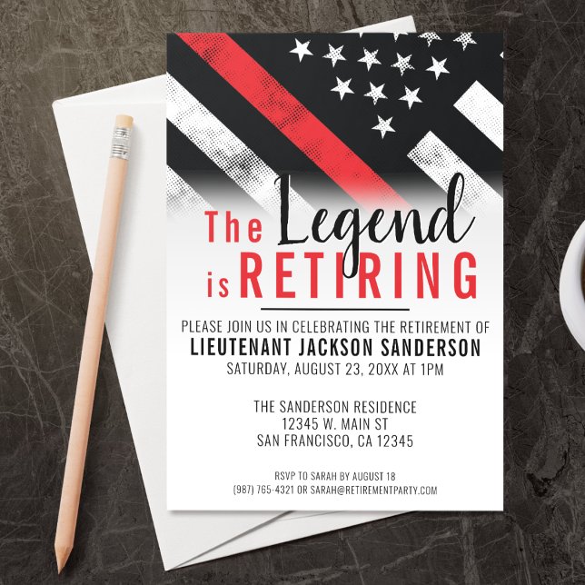 Firefighter Retirement Red Line Flag Fireman Invitation (Perfect for a retirement party for retiring firefighters, lieutenants, captains, etc!)