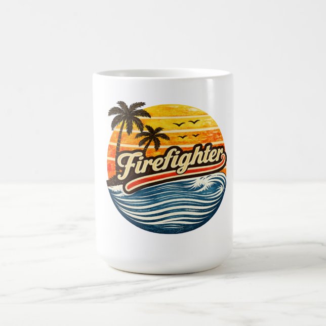 Firefighter Retro Sunset Design Coffee Mug (Center)