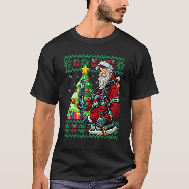 Firefighter Santa Claus Fireman Ugly Christmas Swe T-Shirt (Front)