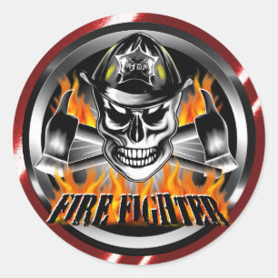 Firefighter Skull 4 and Flaming Axes Classic Round Sticker