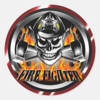 Firefighter Skull 4 and Flaming Axes Classic Round Sticker