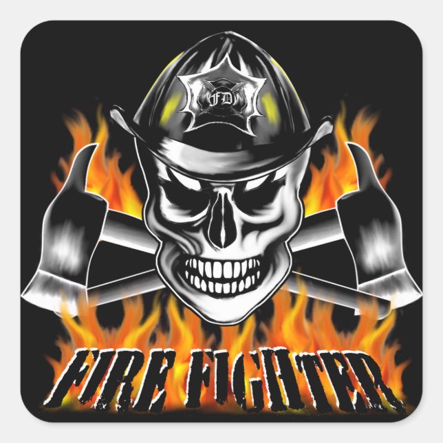 Firefighter Skull 4 and Flaming Axes Square Sticker (Front)