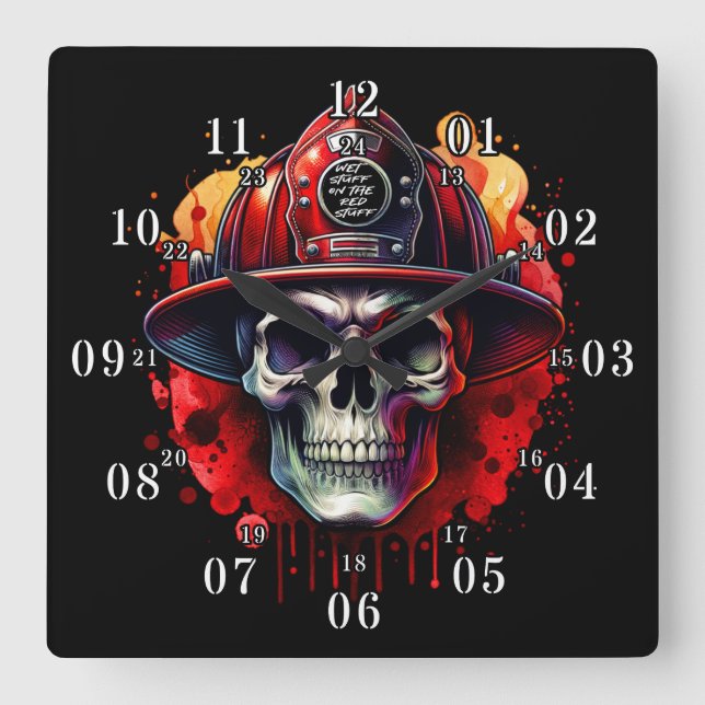 Firefighter Skull Wet Stuff On The Red Stuff Square Wall Clock (Front)