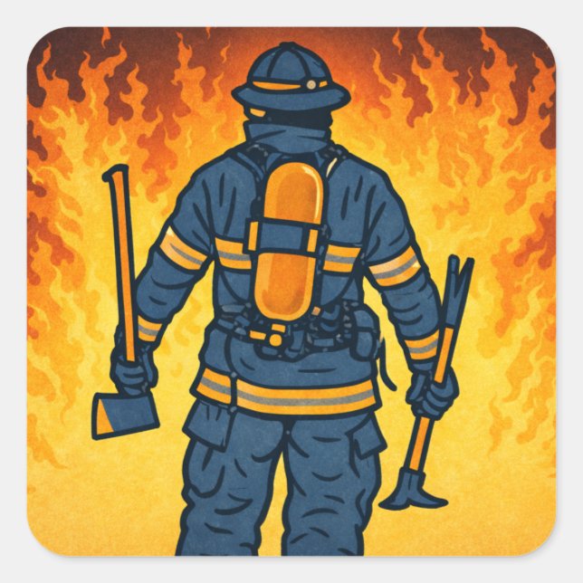 Firefighter Standing Against the Flames Square Sticker (Front)