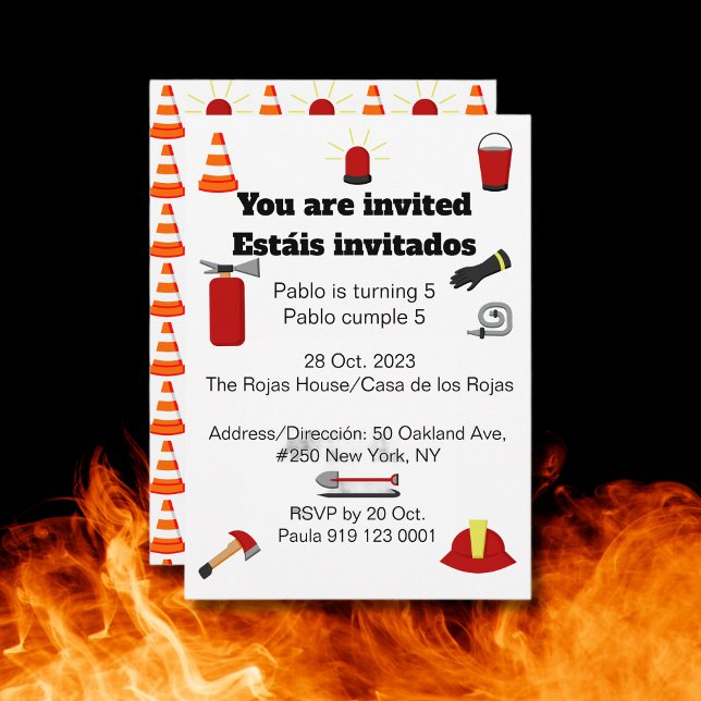 Firefighter Theme Bilingual Birthday Boy Party Invitation (Bilingual Firefighters Birthday party invitation for boys. Multilingual Project.)