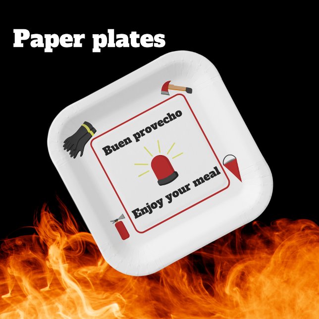 Firefighter Theme Bilingual Paper Plates for Boy (Paper plates Bilingual Text: Buen provecho, enjoy firefighters themed party Multilingual Project.)