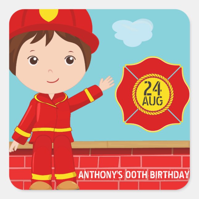 Firefighter themed Birthday Party Guest Favour Square Sticker (Front)