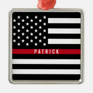 Firefighter Thin Red Line American Flag Monogram Metal Tree Decoration