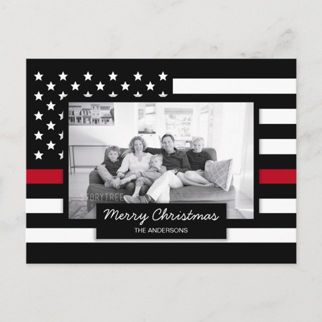 Firefighter Thin Red Line American Flag Photo Holiday Postcard (Front)