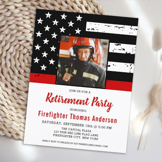 Firefighter Thin Red Line Custom Photo Retirement Invitation Postcard (Creator Uploaded)