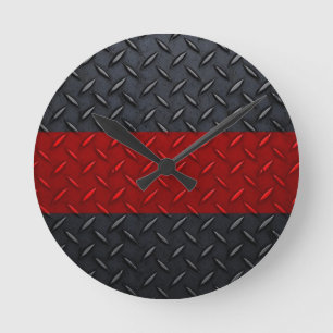 Firefighter Thin Red Line Diamond Plate Round Clock