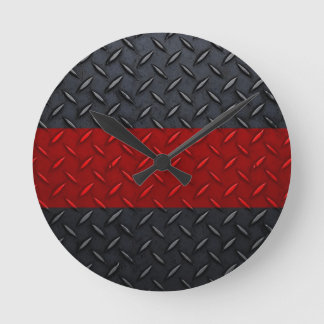 Firefighter Thin Red Line Diamond Plate Round Clock