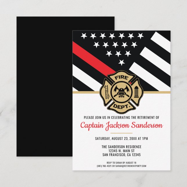 Firefighter Thin Red Line Fireman Retirement Party Invitation (Front/Back)