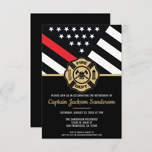 Firefighter Thin Red Line Fireman Retirement Party Invitation (Front/Back)