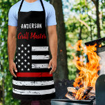 Firefighter Thin Red Line Grill Master BBQ Apron<br><div class="desc">Thin Blue Line Firefighter Apron - USA American flag design in Firefighter Flag colours, distressed design . This personalised firefighter apron is perfect for birthdays, Christmas, police retirement gifts, or fathers day for your fireman. Perfect for all firefighters, fire rescue volunteers and firemen family and supporters. Personalise with name. COPYRIGHT...</div>