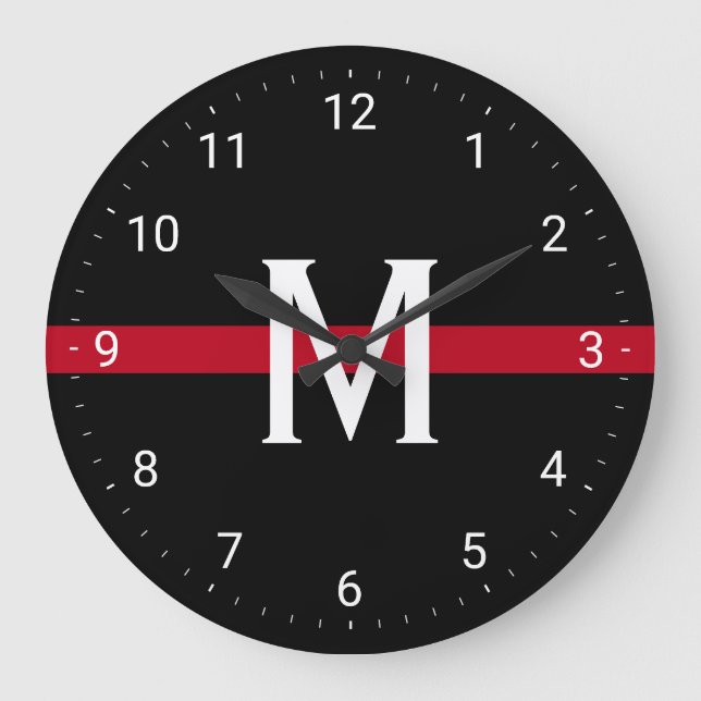 Firefighter Thin Red Line Monogrammed Initial Large Clock (Front)