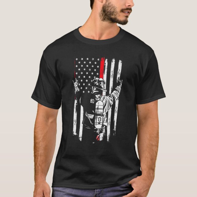 Firefighter Thin Red Line Us American Flag Patriot T-Shirt (Front)