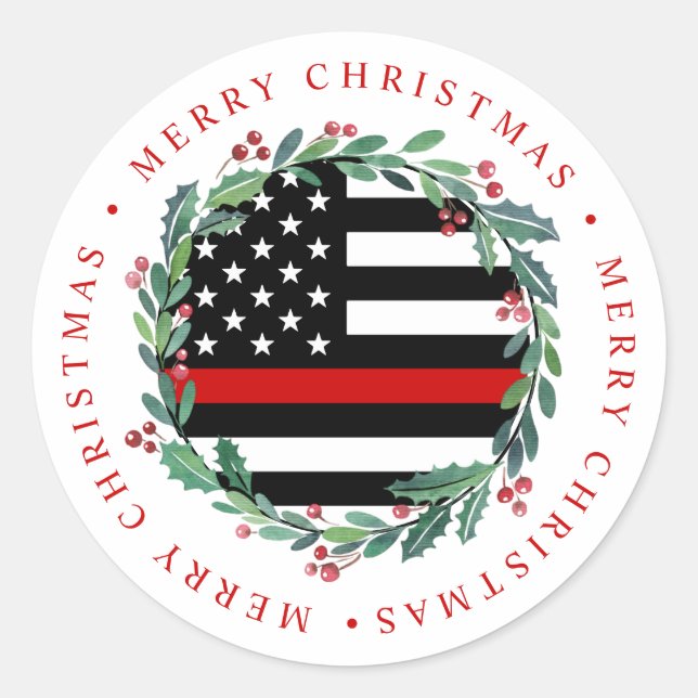 Firefighter Thin Red Line Wreath Merry Christmas Classic Round Sticker (Front)