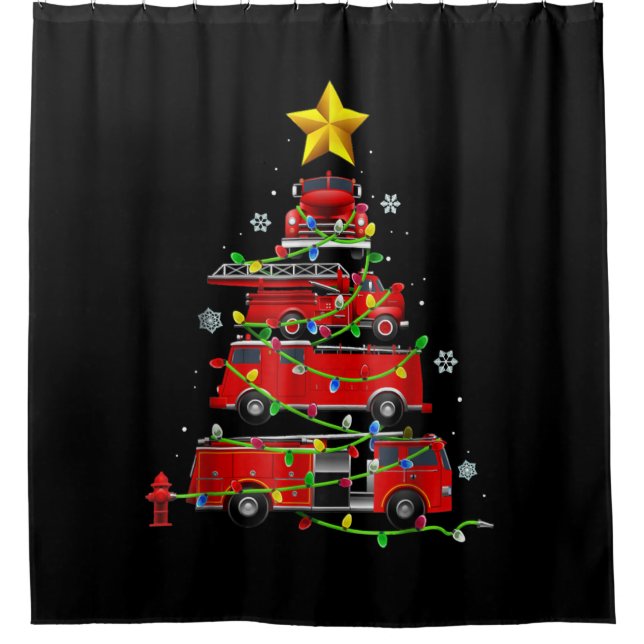 Firefighter Truck Christmas Tree Men Women Shower Curtain (Front)