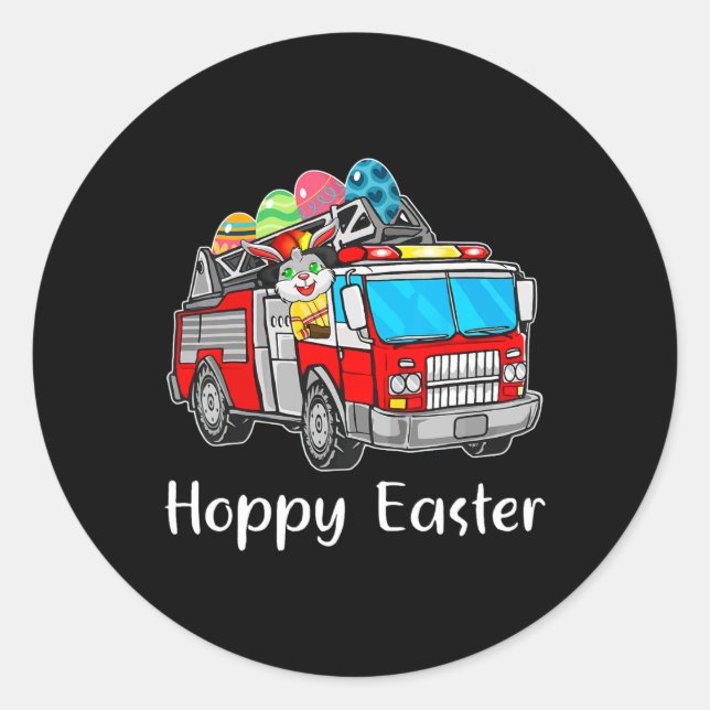 Firefighter Truck Easter Day Bunny Eggs Happy East Classic Round Sticker (Front)