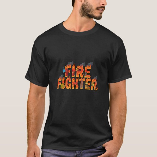 Firefighter Typography Art with Flames & Rescue  T-Shirt (Front)