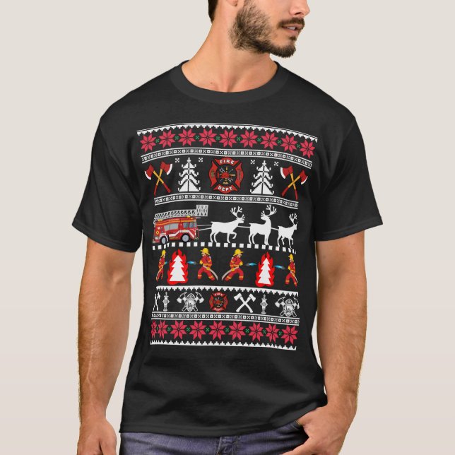 Firefighter Ugly Christmas Sweater, Fireman Fire D T-Shirt (Front)