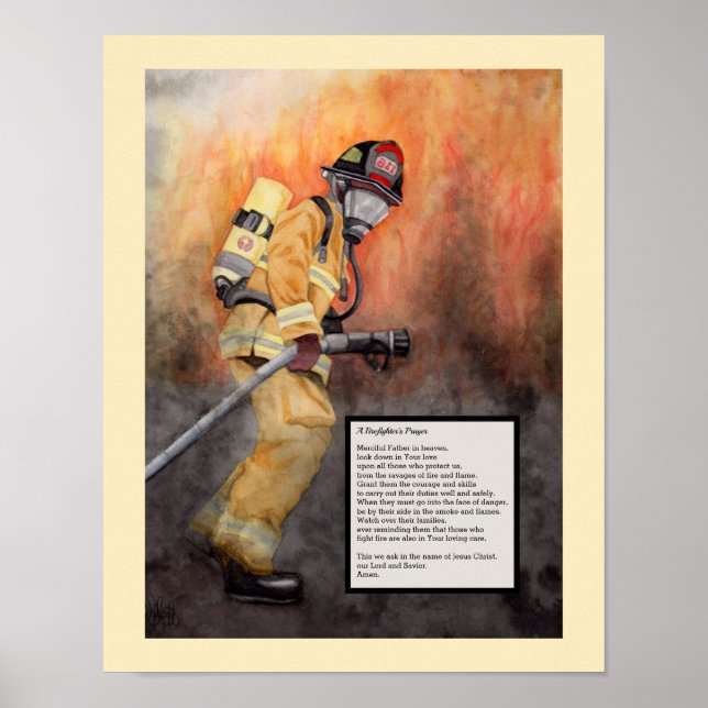 Firefighter Watercolor Print with Prayer Safety (Front)
