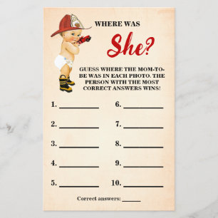 Firefighter Where was Mum to be Shower Game Card