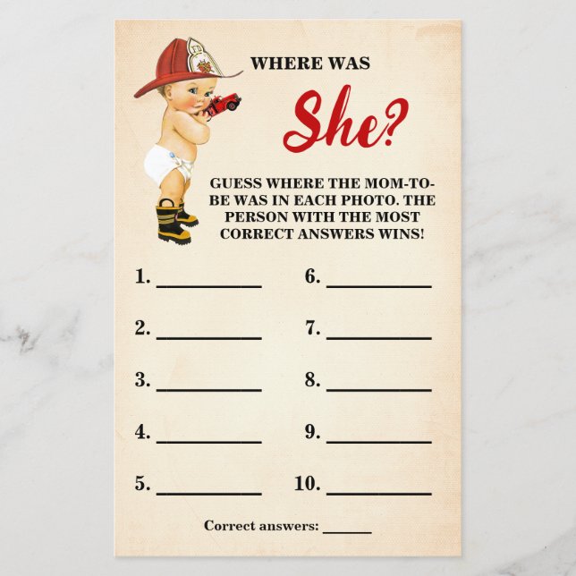 Firefighter Where was Mum to be Shower Game Card (Front)