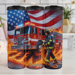 Firefighter with Hose and Fire Truck Thermal Tumbler