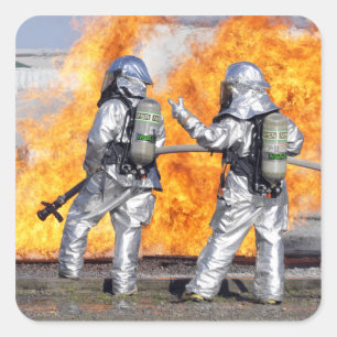 Firefighters battle a simulated fire square sticker