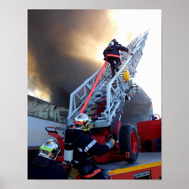 Firefighters Climbing Ladder Poster (Front)