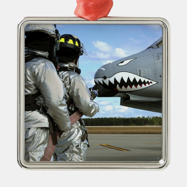 Firefighters deploy a fire hose during a drill metal tree decoration (Front)