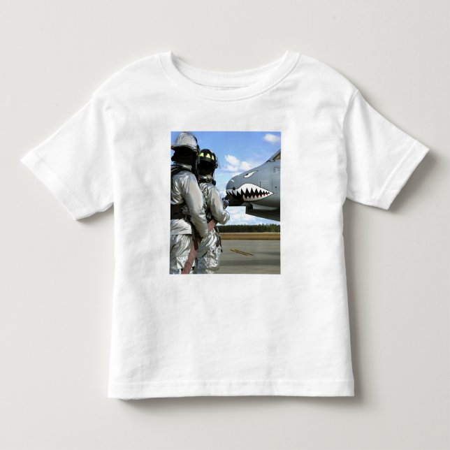 Firefighters deploy a fire hose during a drill toddler T-Shirt (Front)