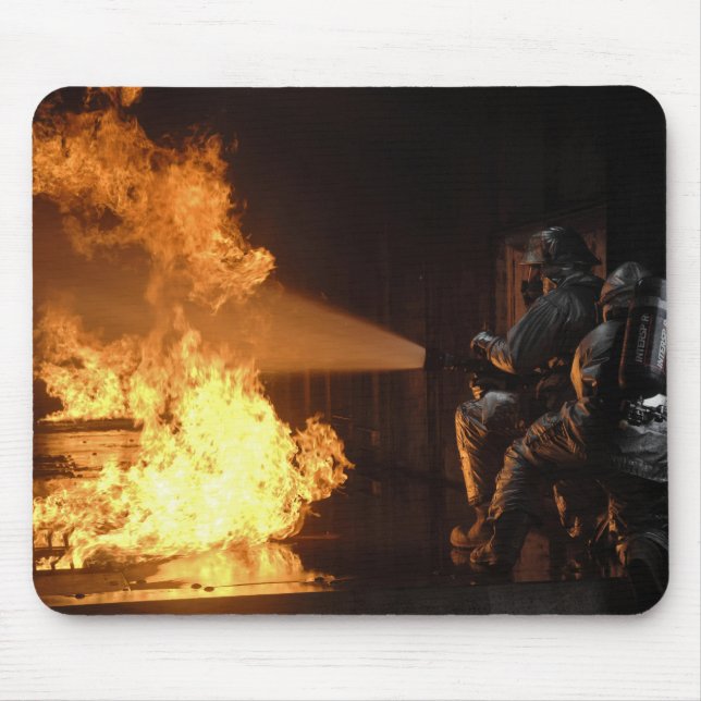 Firefighters extinguish a simulated battery fir mouse mat (Front)