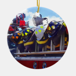 Firefighters - Helmet on Fire Truck Ceramic Tree Decoration