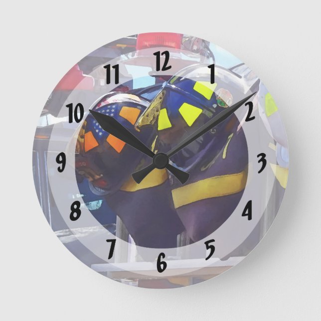 Firefighters - Helmet on Fire Truck Round Clock (Front)