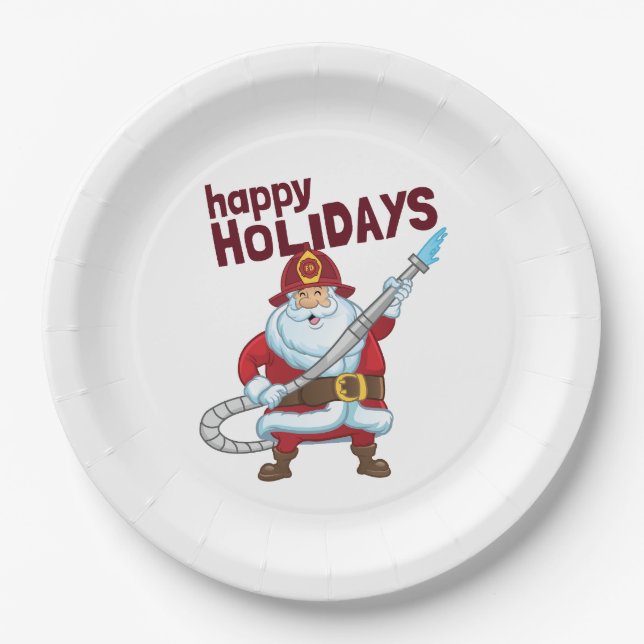Firefighting Christmas Santa Claus Firefighter Paper Plate (Front)