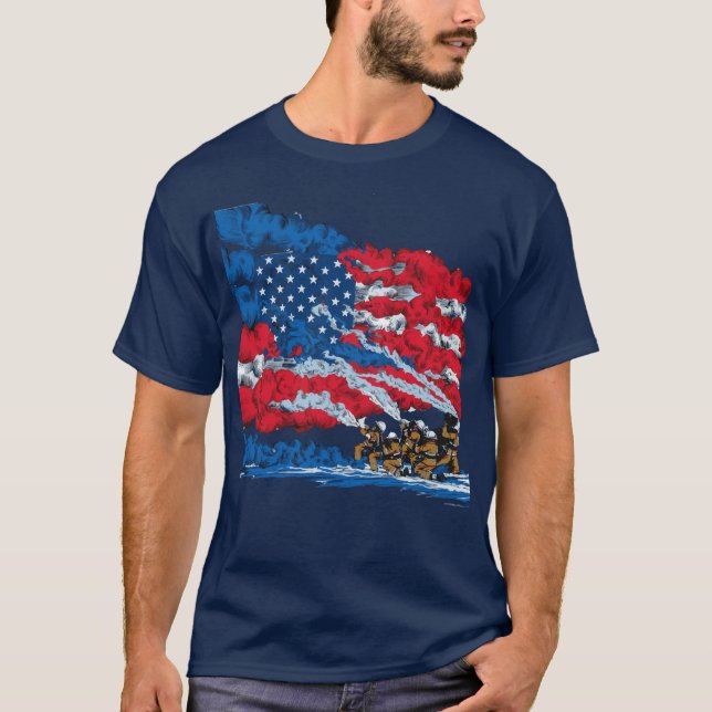 Firefighting USA Flag Patriotic Cool Fireman T-Shirt (Front)
