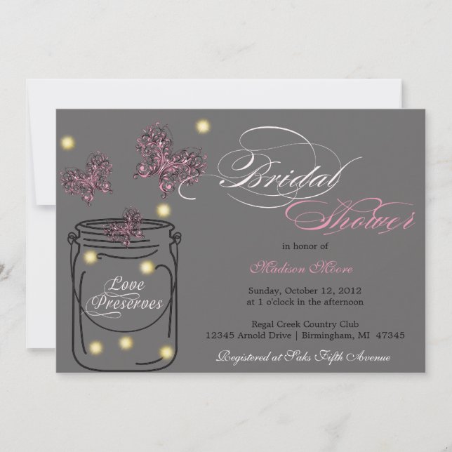 Fireflies and Mason Jar Bridal Shower - Grey Invitation (Front)