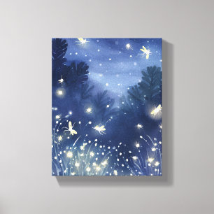 Fireflies at Night   Firefly Blue Watercolor Canvas Print