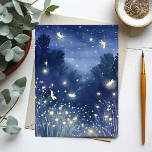 Fireflies at Night   Firefly Blue Watercolor Postcard