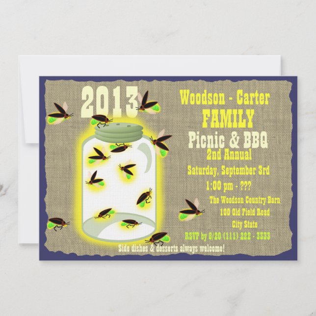 Fireflies in Jar Family Reunion BBQ Picnic Invitation (Front)